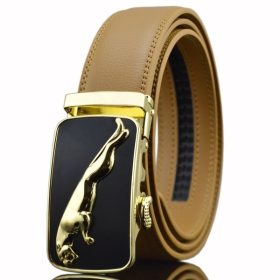 Világosbarna bőr öv jaguaros arany csattal 60-130 cm